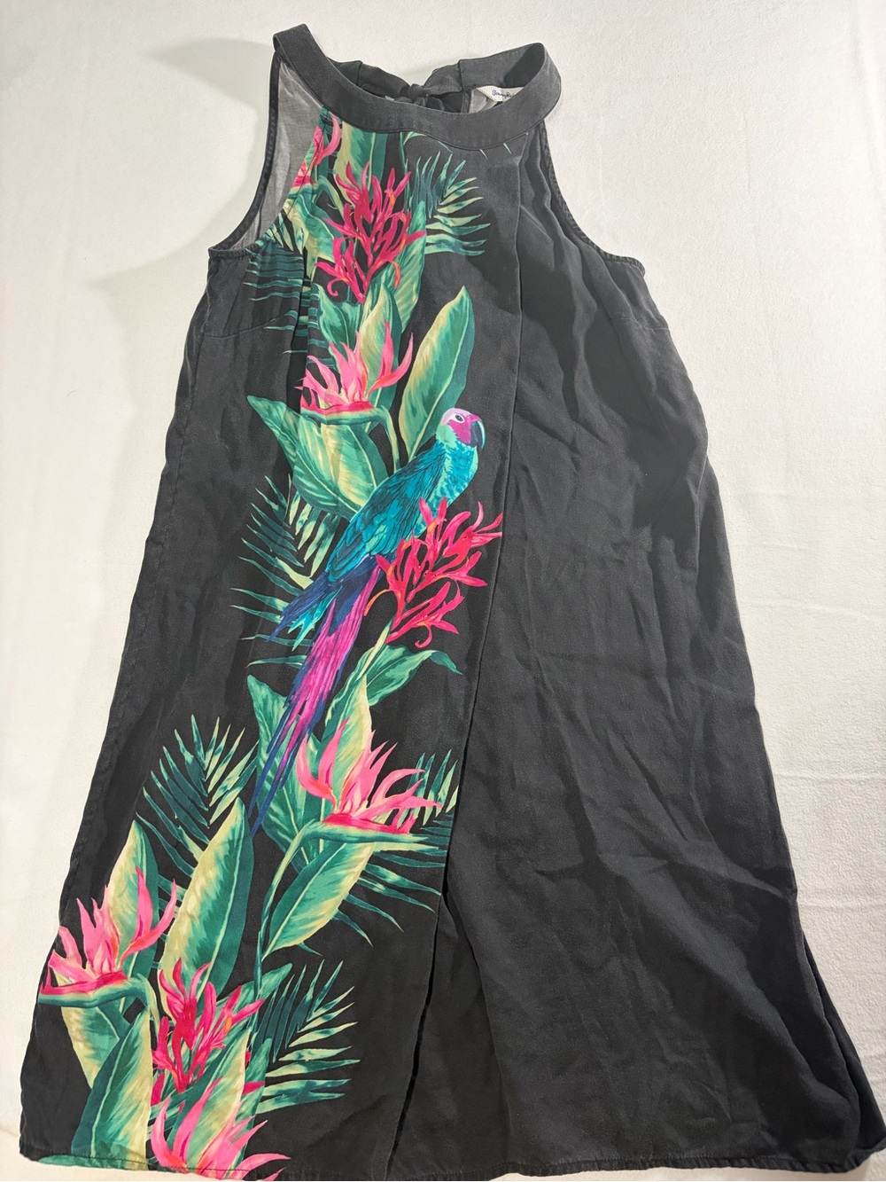 Tommy Bahama Black Tropical Parrot Print Halter Dress